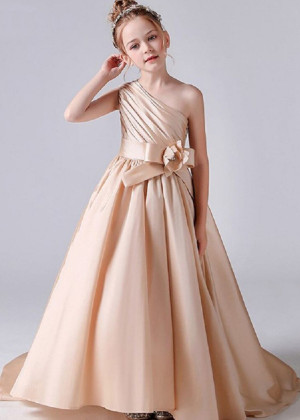 One Shoulder Champagne Pleated Satin Flower Girl Dress